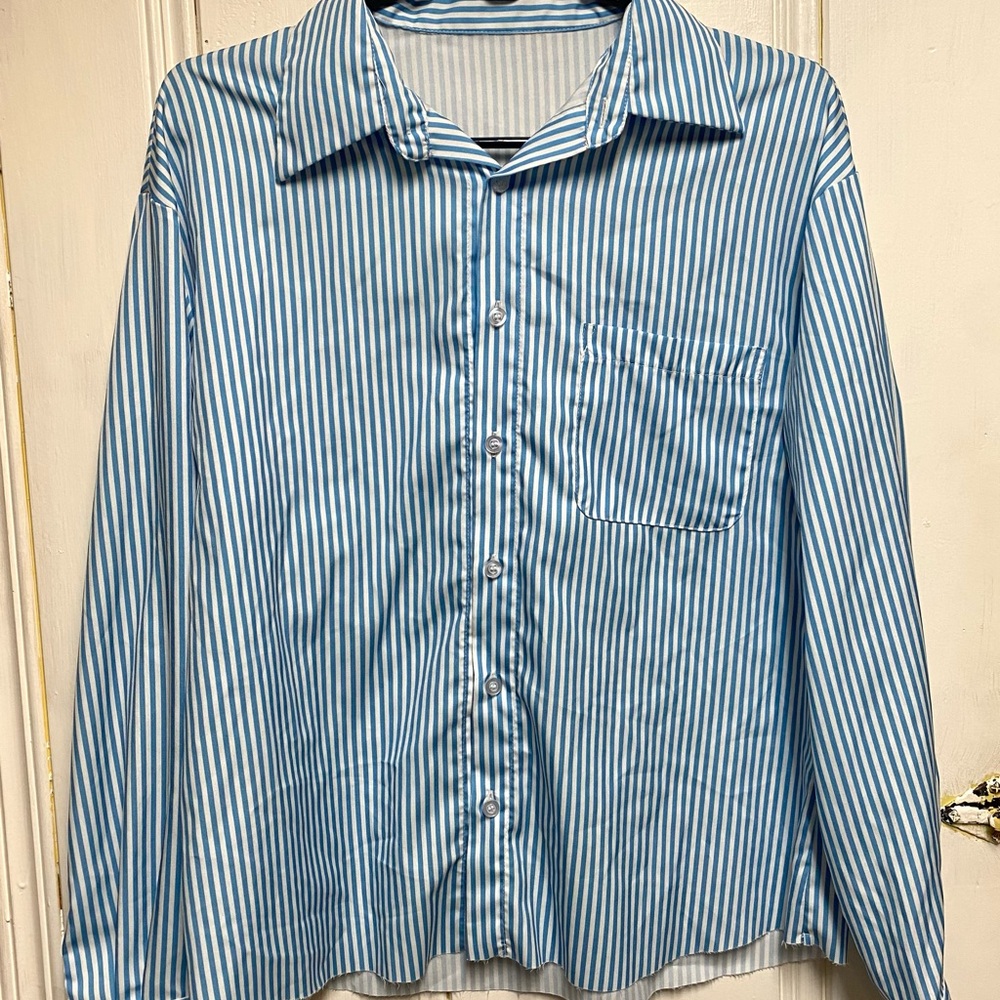 Blue Striped Womens Button Up